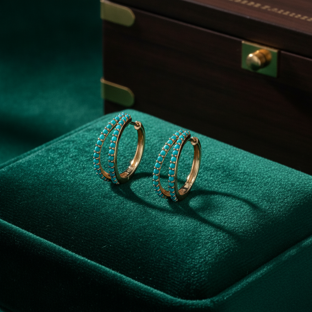 EHZ57722TQ. 14K Solid Gold Turquoise Hoops