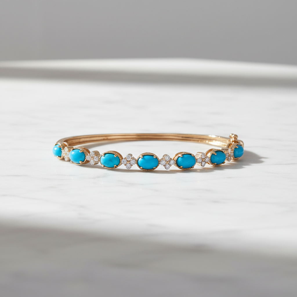 CB97337TQ6X4. 18K Solid Yellow Gold Turquoise and Diamond Fancy Bangle