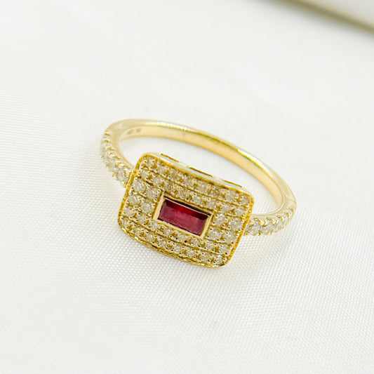 14K Solid Yellow Gold Diamond and Ruby Rectangle Ring.