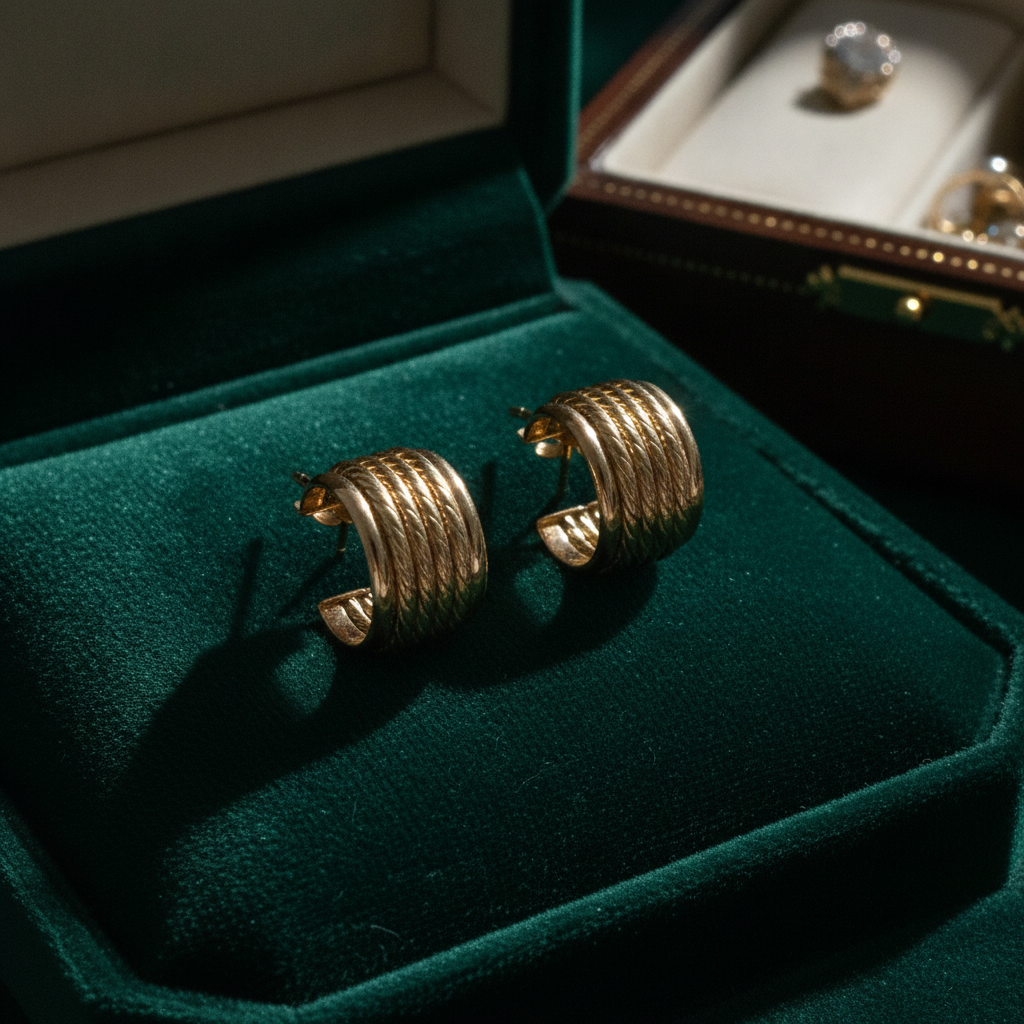 15850018990. 14K Solid Gold Ribbed Hollow Hoop Earrings