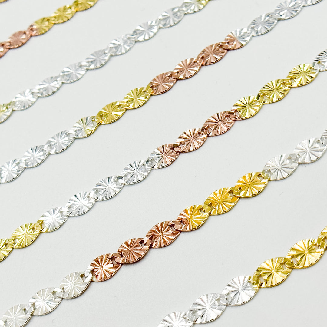 Z120GSR. White Silver, Gold Plated, and Rose Gold Plated Silver Diamond Cut Marina Chain