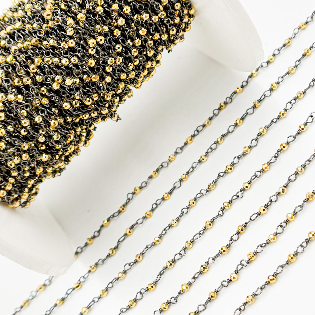PYR14. Black Rhodium Sterling Silver and Gold Pyrite Wire Wrapped Beads Chain