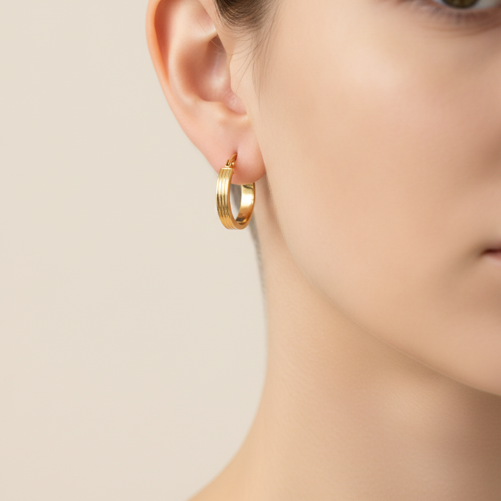 15850015641. 14K Solid Gold Ribbed Round Hollow Hoop Earrings
