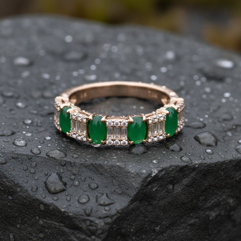 RAF01372EM. 18K Solid Gold Diamond & Emerald Ring