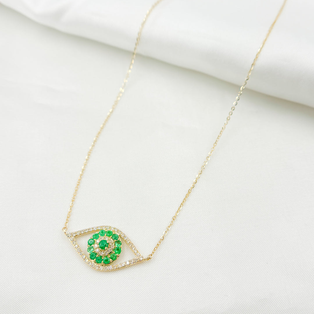 14K Solid Gold Diamond and Emerald Eye Necklace. CN96322EM