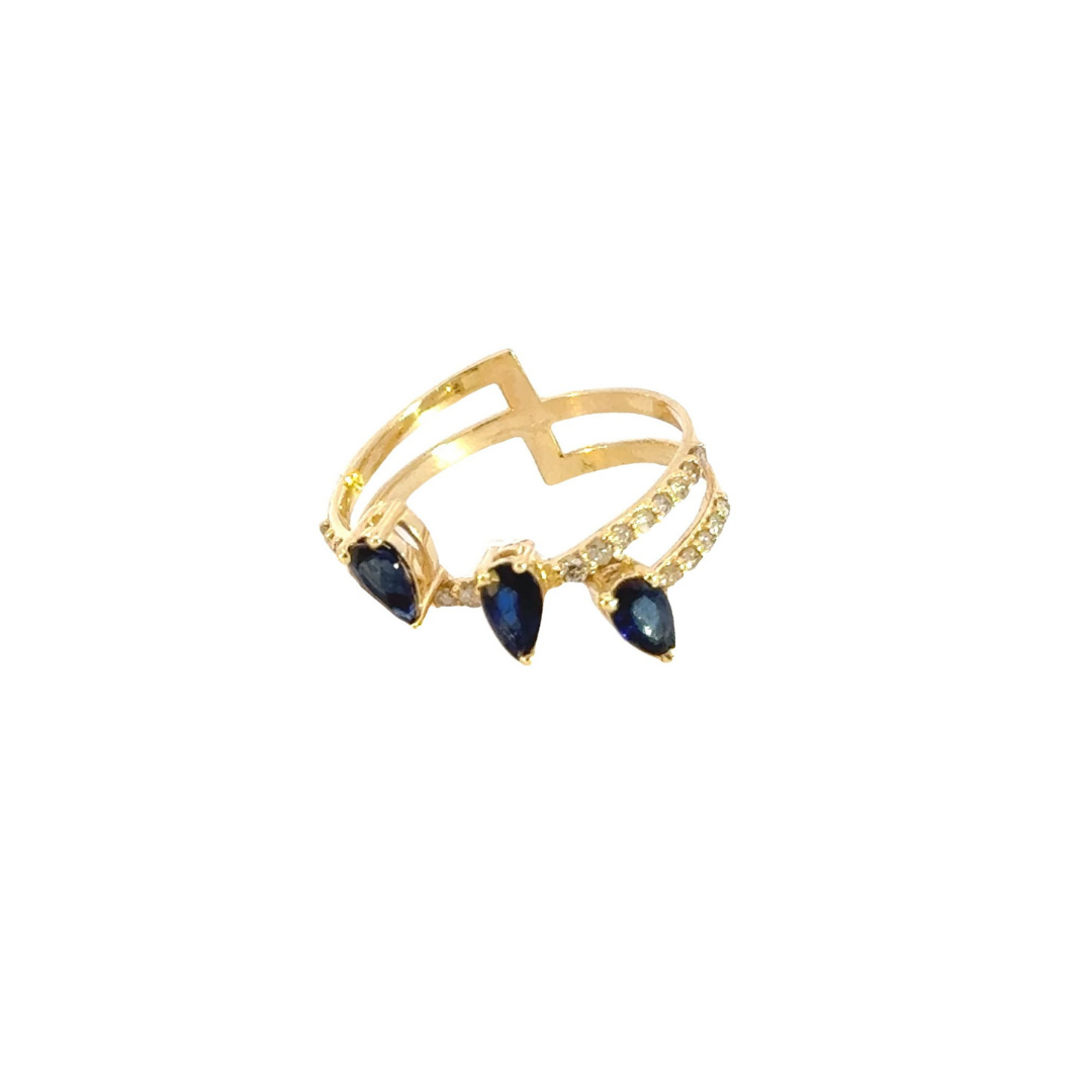 14k Solid Gold Blue Sapphire and Diamond 3 Drops Ring. GDR231