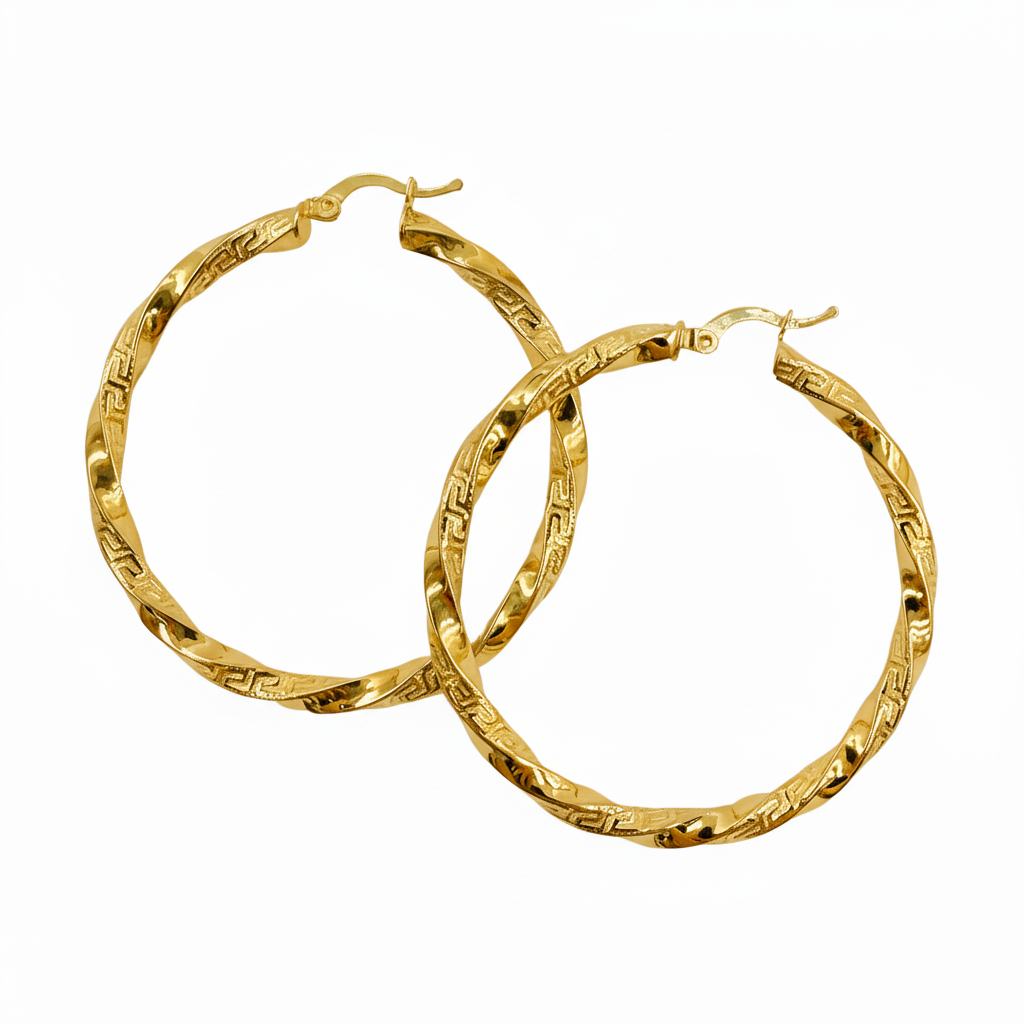 GER124. 14K Solid Gold Twisted Hollow Hoop with Engraved