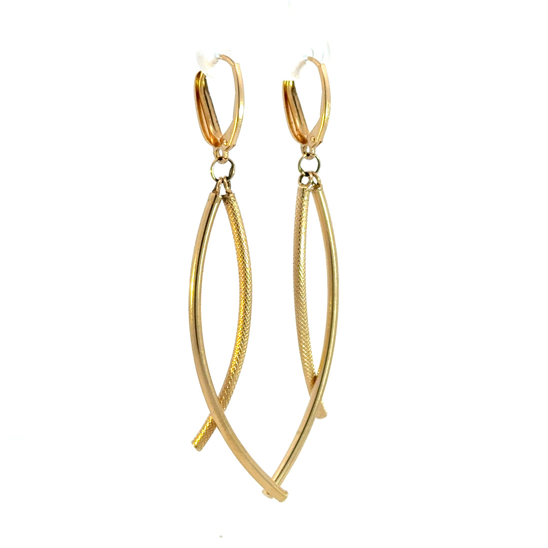 15850018486. 14K Solid Gold Smooth and Textured Tube Hollow Dangle Leverback Earrings