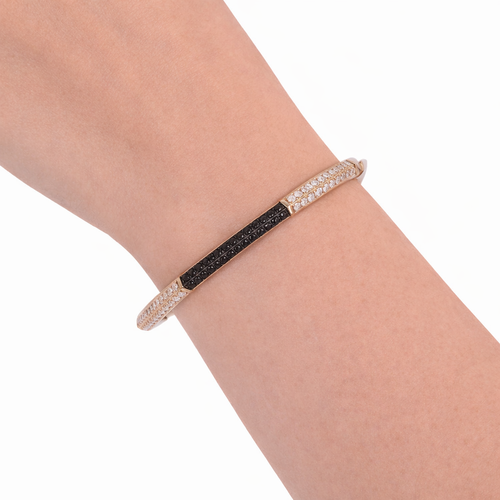 BNK68623A. 14K Solid Yellow Gold Elegant Bangle Featuring Black Diamonds and White Diamonds