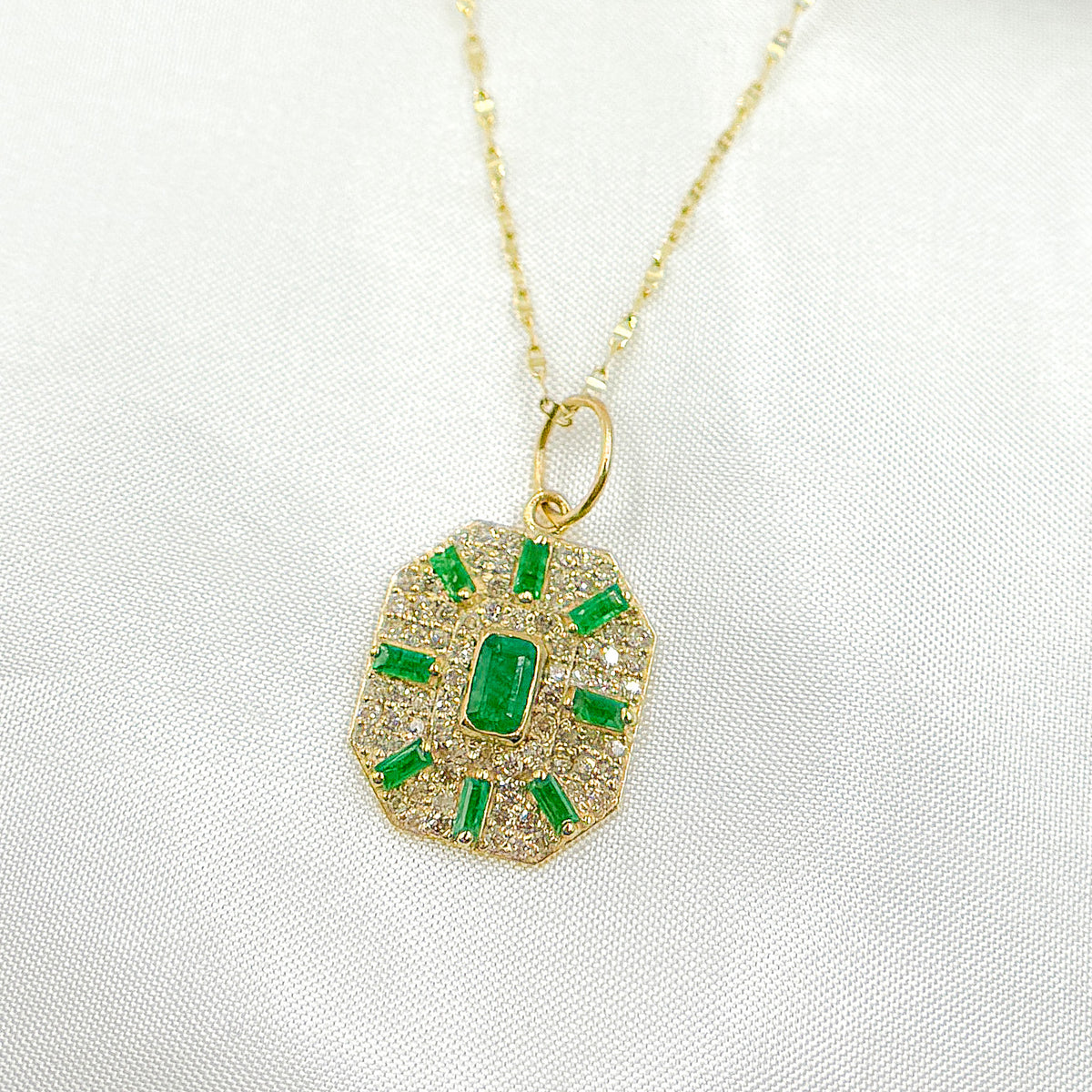 GDP652. 14k Solid Gold Diamond and Emerald Octagon Charm