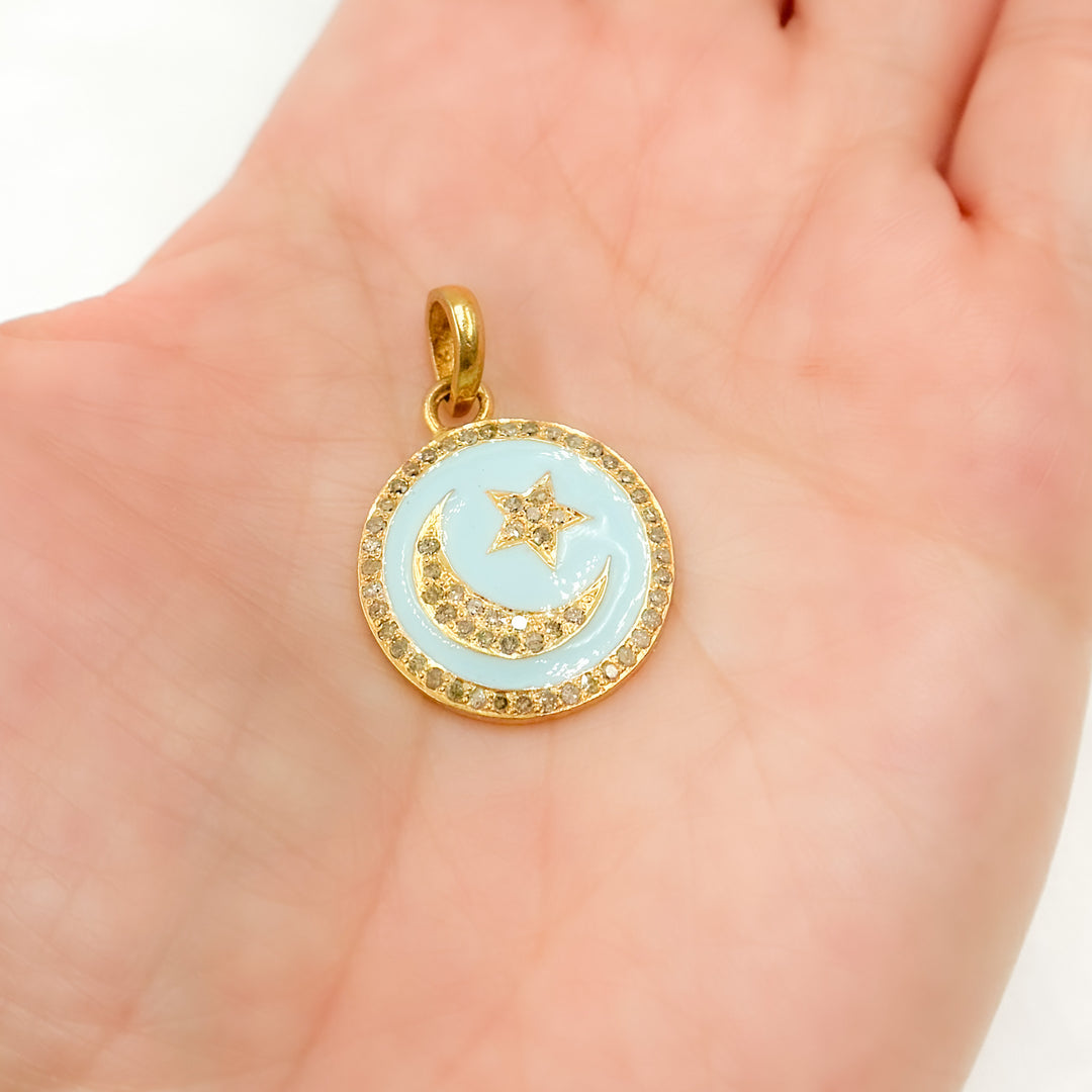 DP573A. Diamond Sterling Silver Round Moon and Star Enamel Pendant