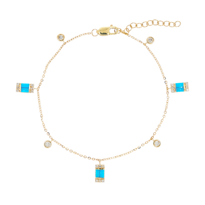 BFE60932TQ. 14K Solid Gold Diamond and Turquoise Dangle Rectangles and Circles Bracelet
