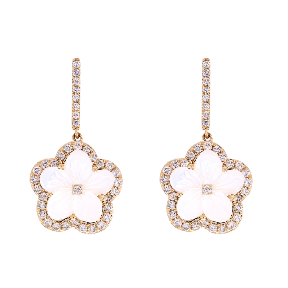 14k Solid Yellow Gold Diamond and Mother-of-Pearl Dangle Flower Earrings