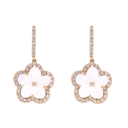 14k Solid Yellow Gold Diamond and Mother-of-Pearl Dangle Flower Earrings