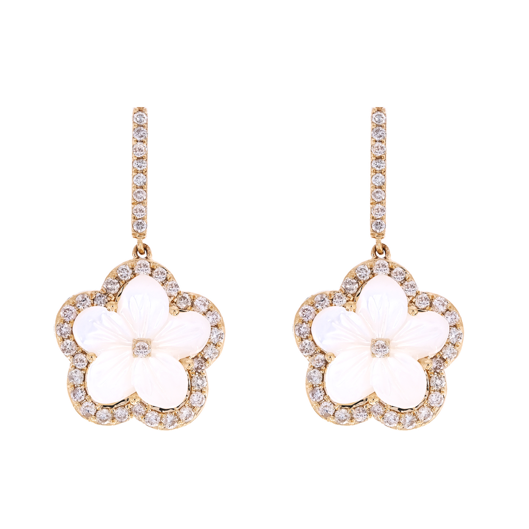 EFG53061PL. 14k Solid Yellow Gold Diamond and Mother-of-Pearl Dangle Flower Earrings