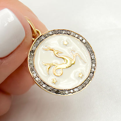 Diamond Sterling Silver Round Capricorn Zodiac Enamel Pendant
