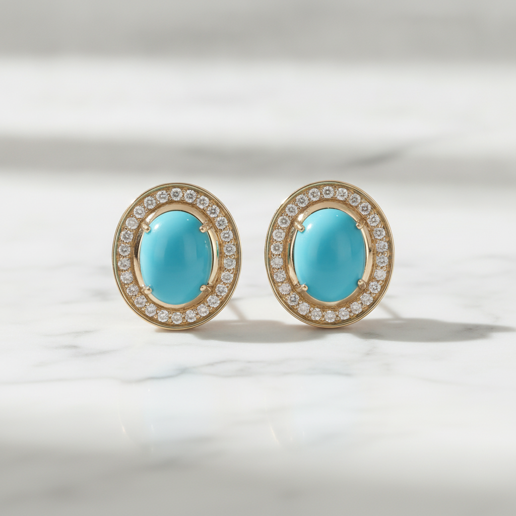 CE97455TQ9X7. 14K Solid Gold Diamond and Turquoise Oval Stud Earrings