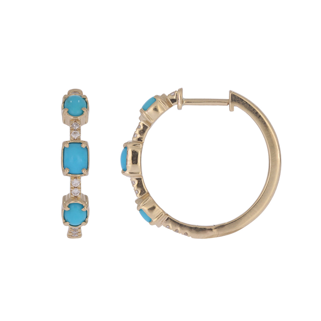 EHB57701TQ. 14K Solid Gold Turquoise and Diamond Hoops