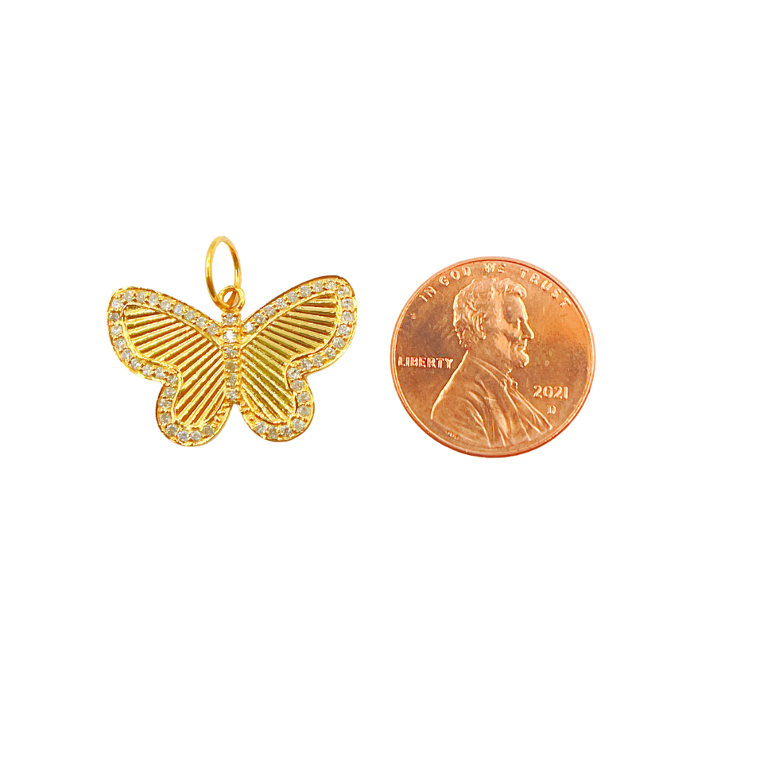 14K Solid Gold Charm. Butterfly Pendant with Diamonds. GDP191