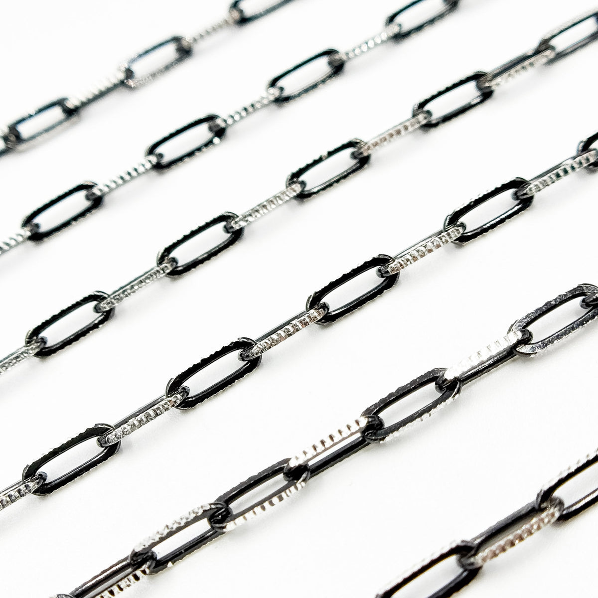 Z113SB. Two Tone Sterling Silver and Black Rhodium Paperclip Textured Chain