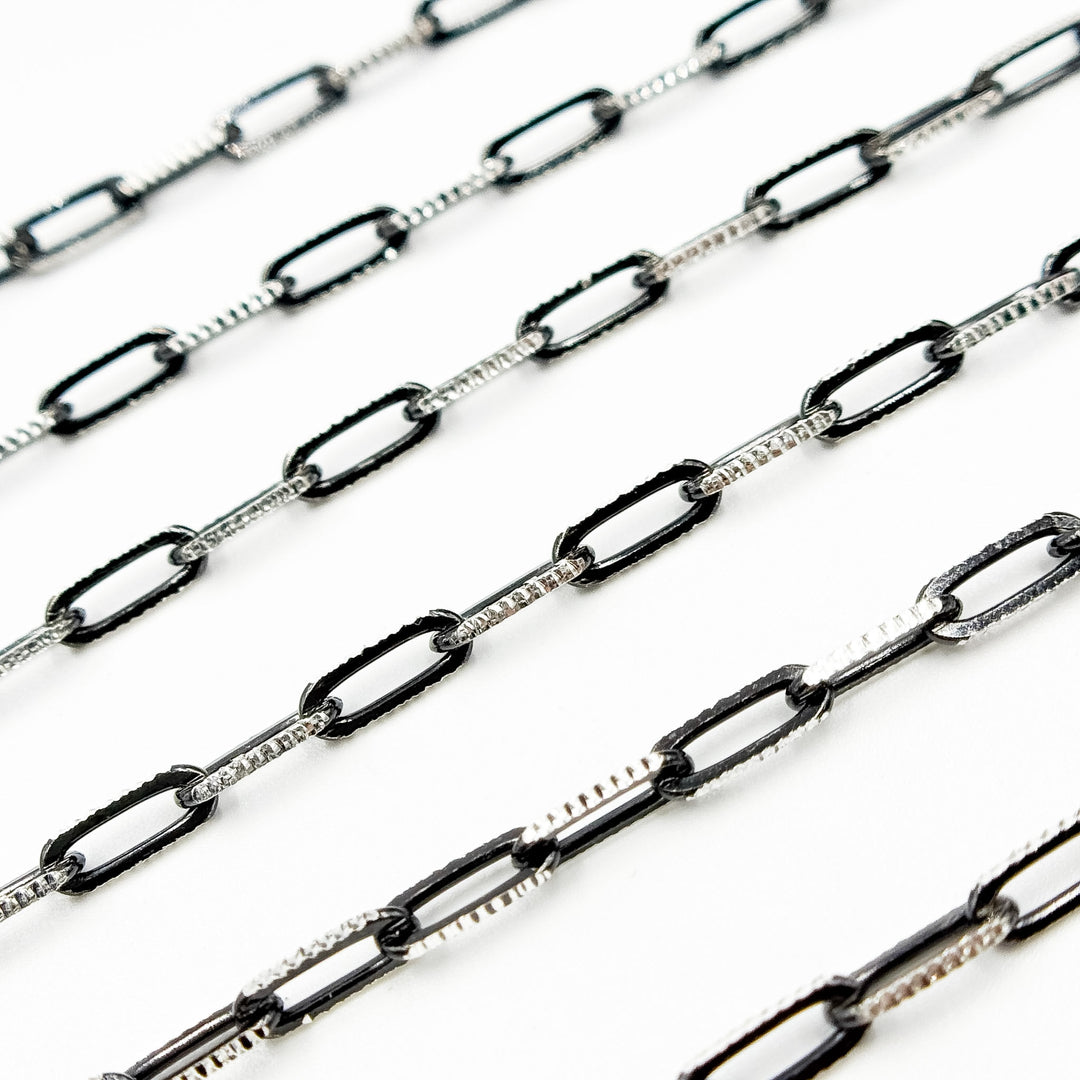 Z113SB. Two Tone Sterling Silver and Black Rhodium Paperclip Textured Chain