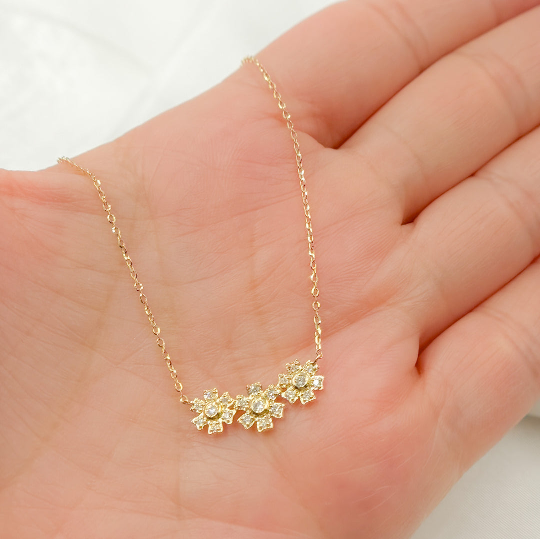 14K Solid Gold Diamond 3 Flower Necklace. NT112026