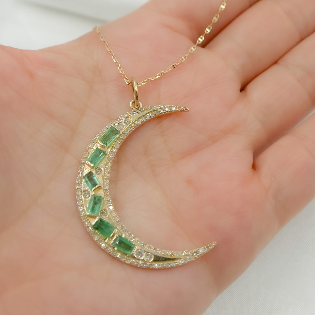 14K Solid Gold Diamond and Emerald Moon Charm. KG292