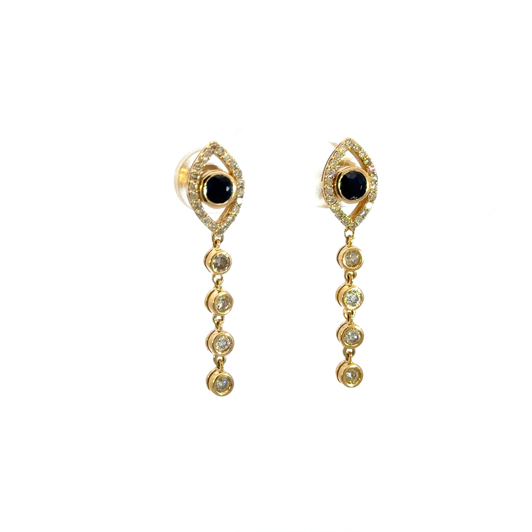 14K Solid Gold Diamond and Blue Sapphire Dangle Eye Earrings.  EFH52337BS