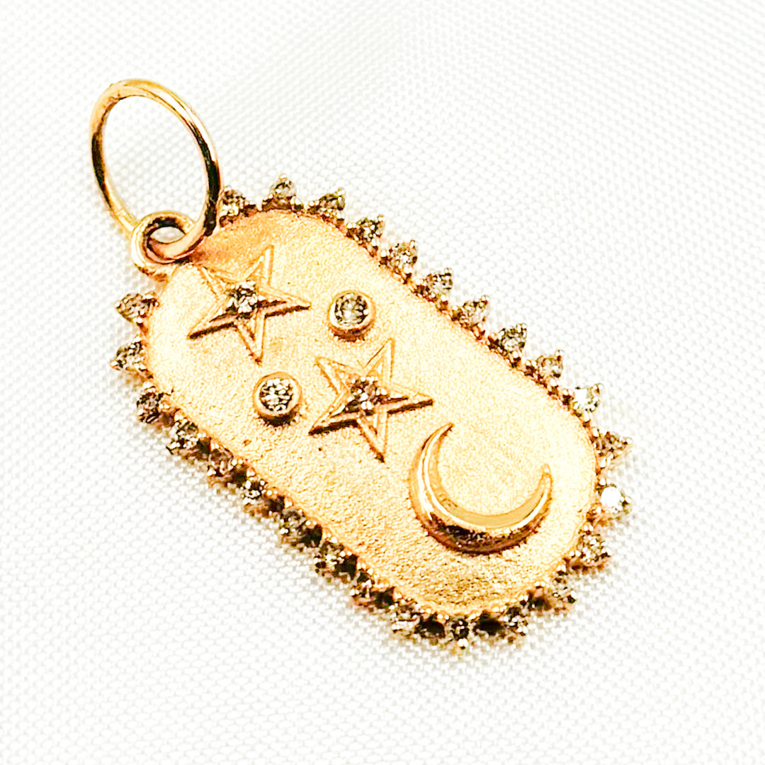 GDP250. 14K Solid Gold Diamond Oval Moon and Stars Charm