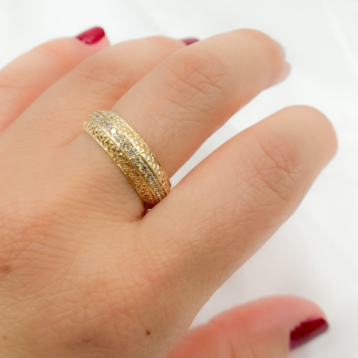 14k Solid Gold Diamond and Emerald Band Ring.