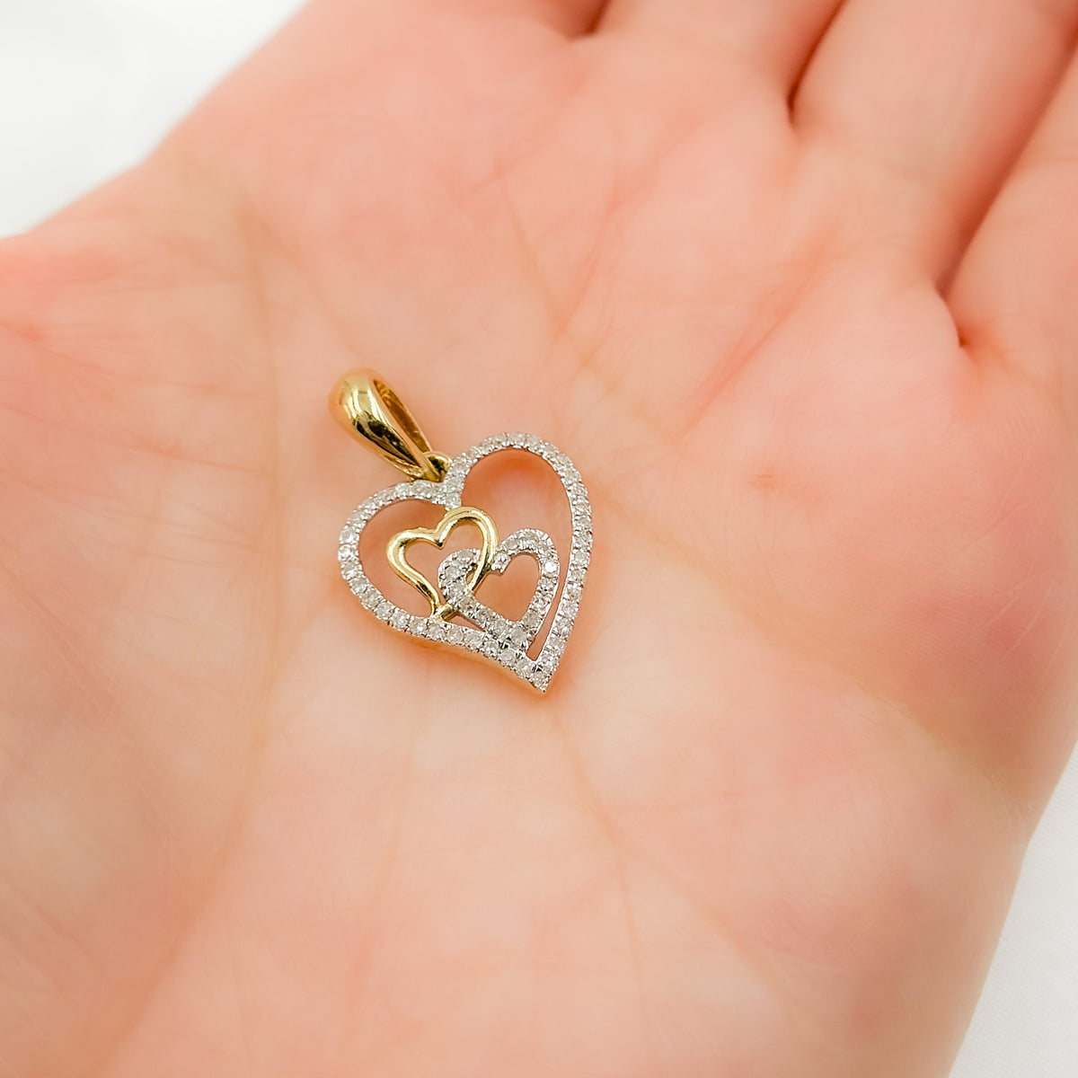 EJP1483. 14K Solid Gold Heart Charm with Diamonds and Two Small Heart in the Center