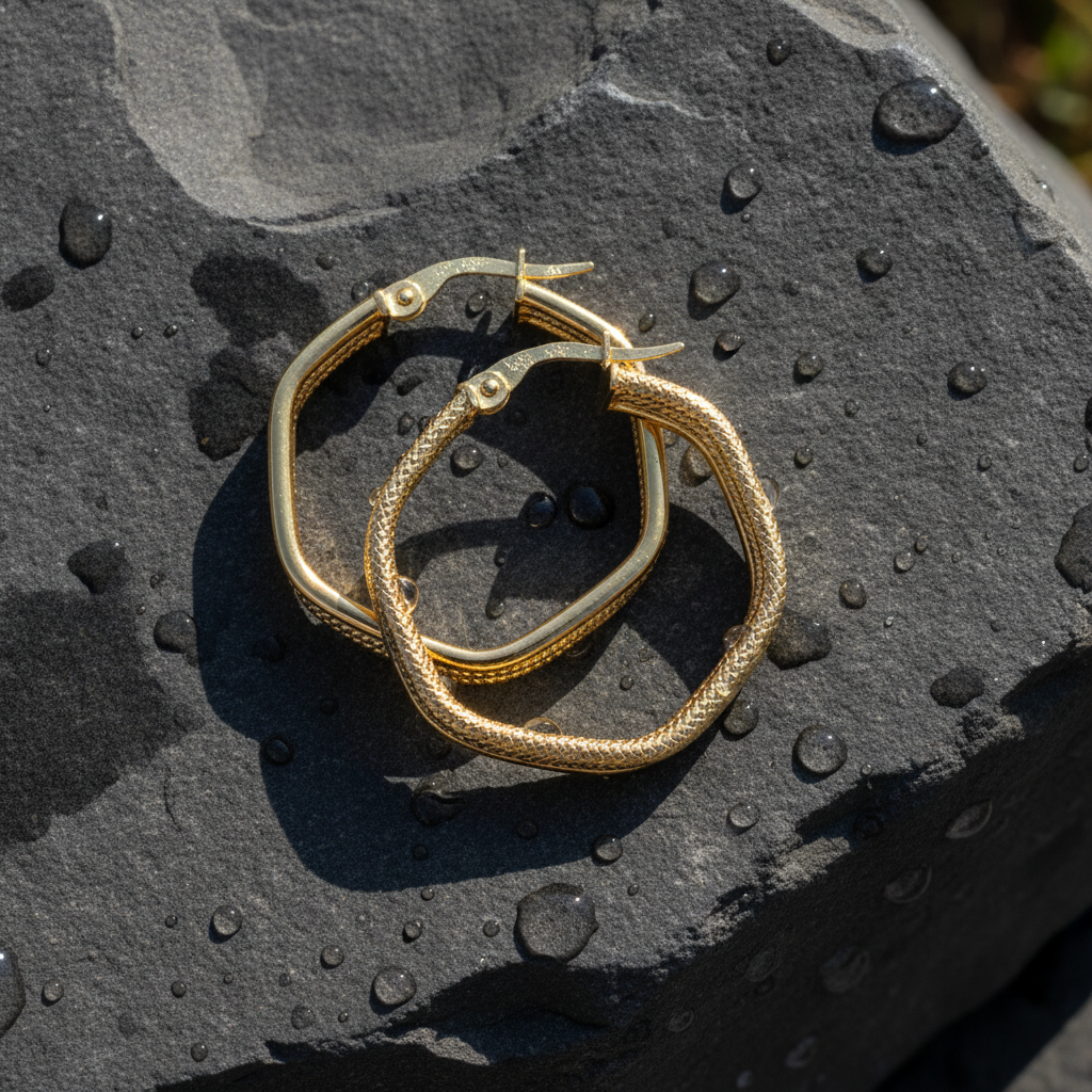 15850023956. 14K Solid Gold Smooth and Textured Hexagonal Hollow Hoop Earrings
