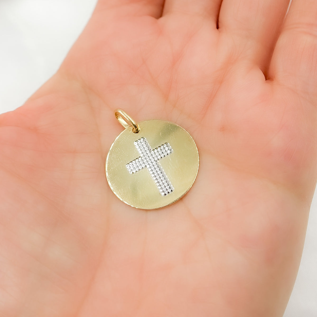 GDP672. 14K Solid Gold Circle Charm with Cross in the Center