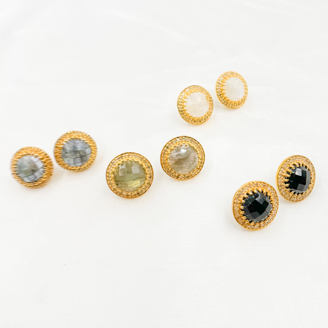 DE043. Diamond Silver Gemstone Round Studs