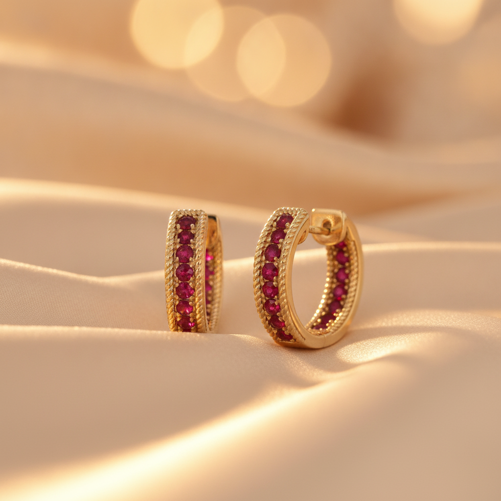 EHZ57668RU. 14K Solid Yellow Gold Ruby Huggies