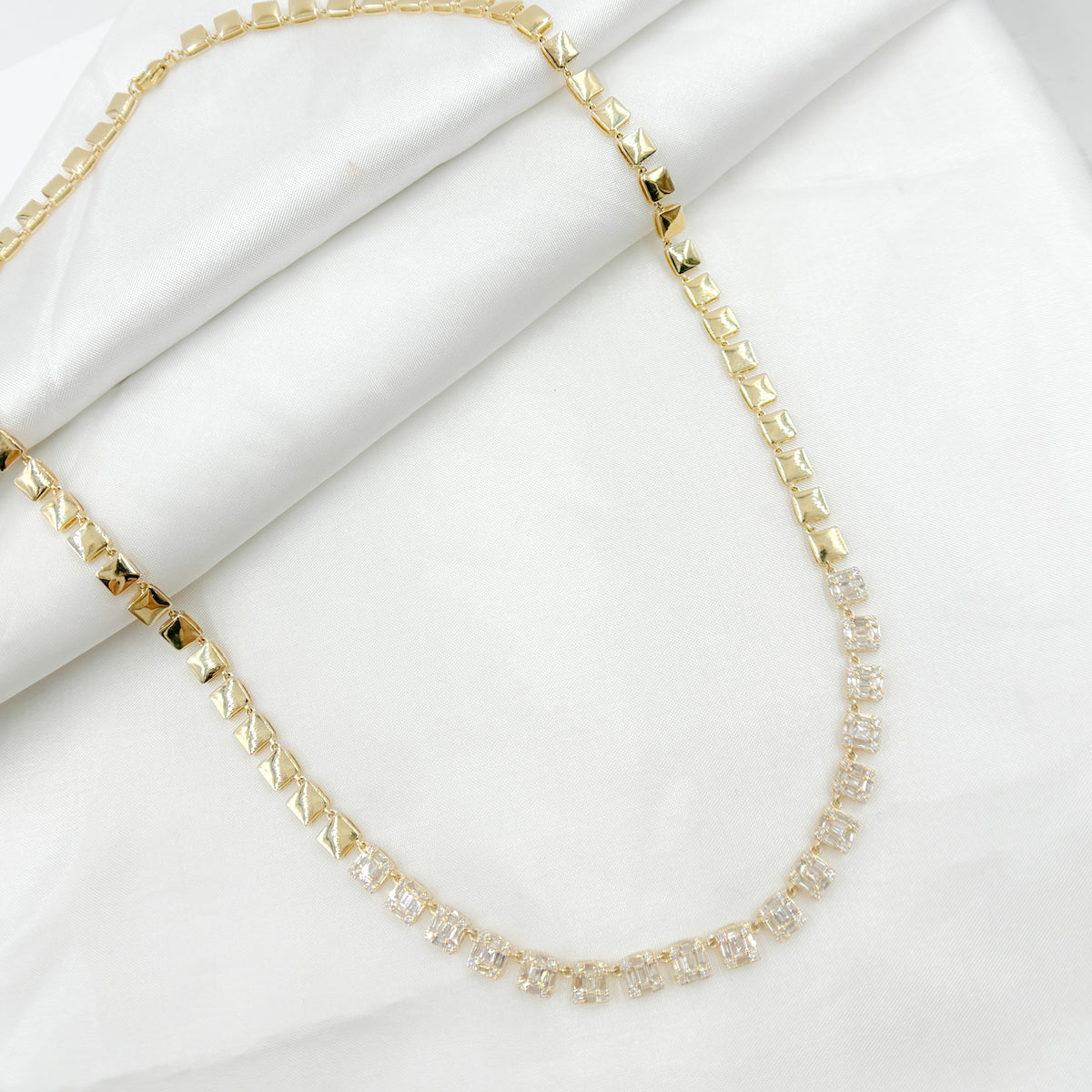NFP71428. 14K Solid Gold Diamond Baguette Squares Necklace