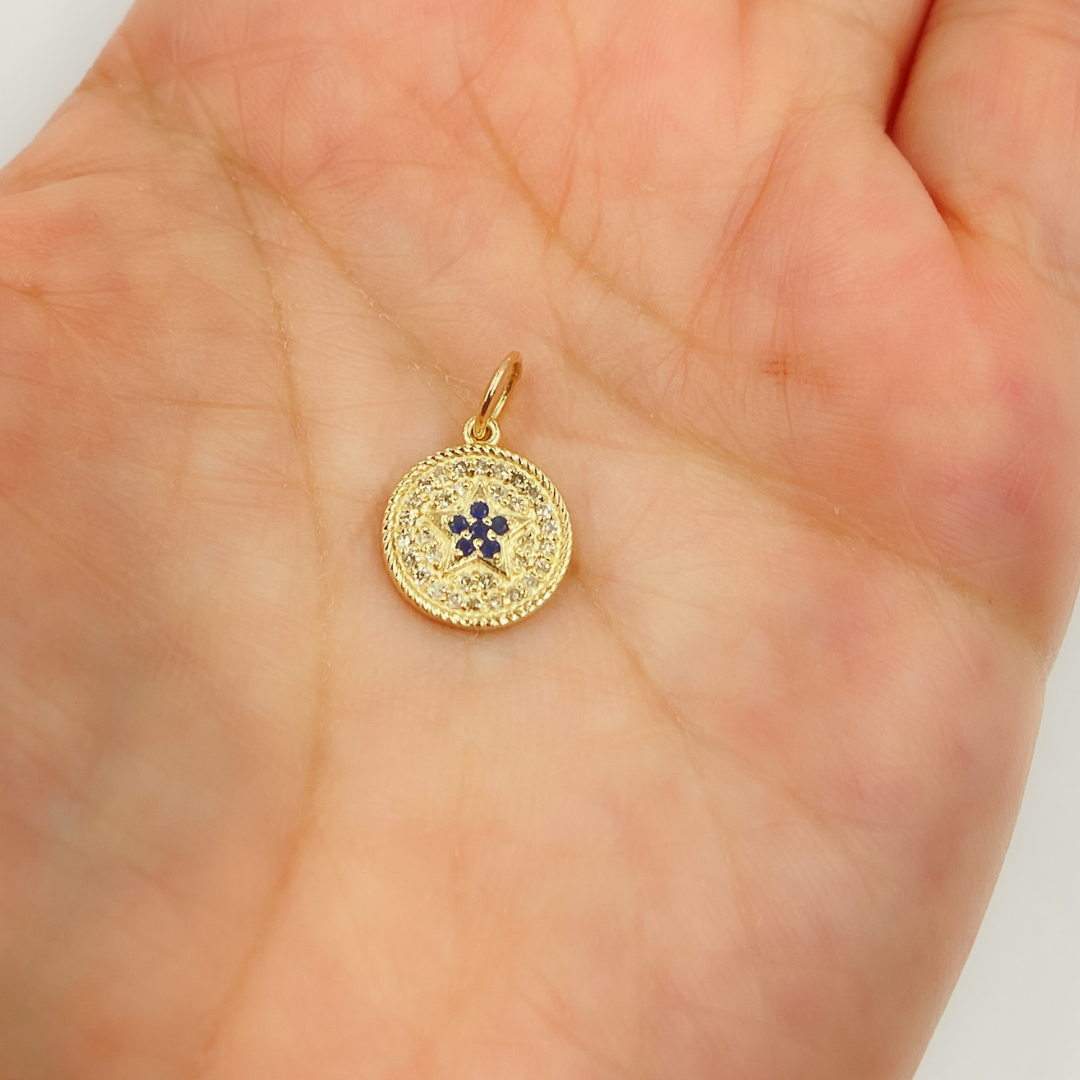 14K Solid Gold Diamond and Gemstone Star Circle Charm. GDP366