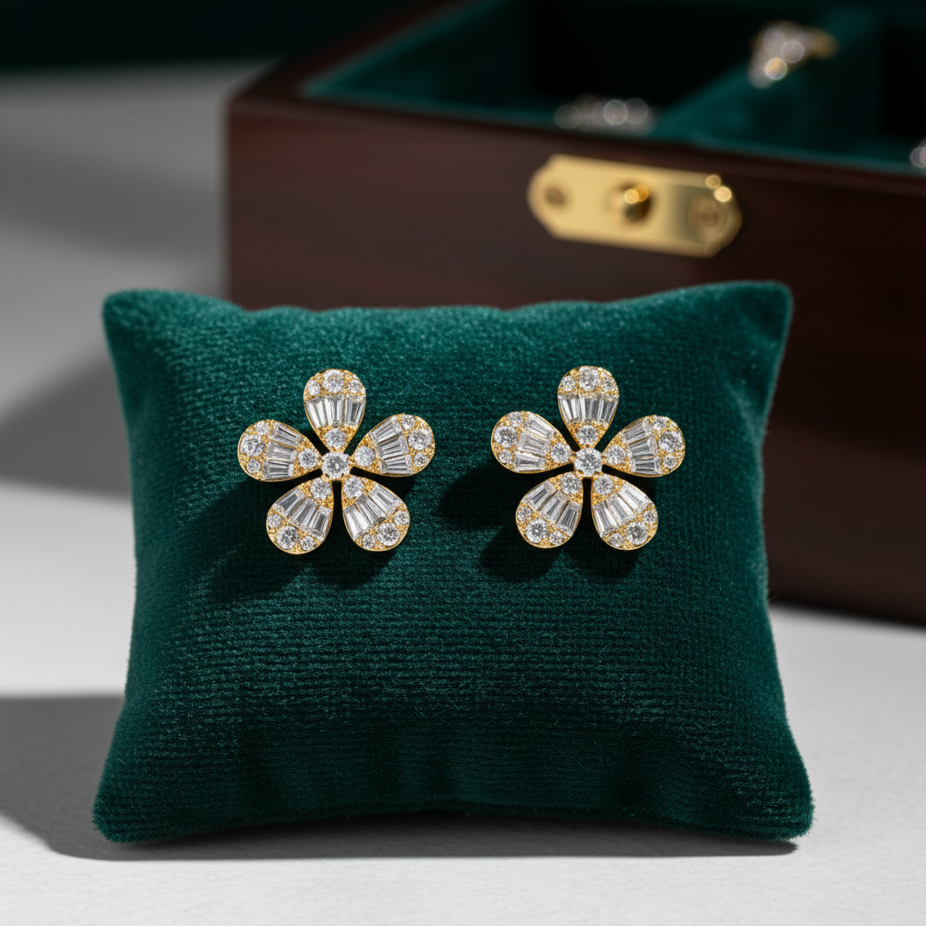 EFL52682. 14K Solid Gold Diamond Baguette Flower Stud Earrings