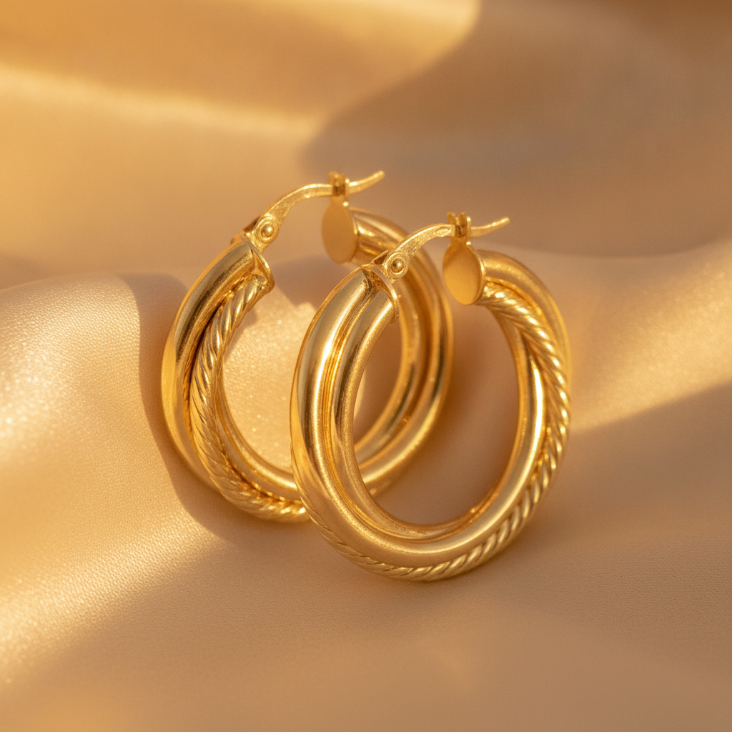 15850019628. 14K Solid Gold Fancy Twist Double Hollow Hoop Earrings
