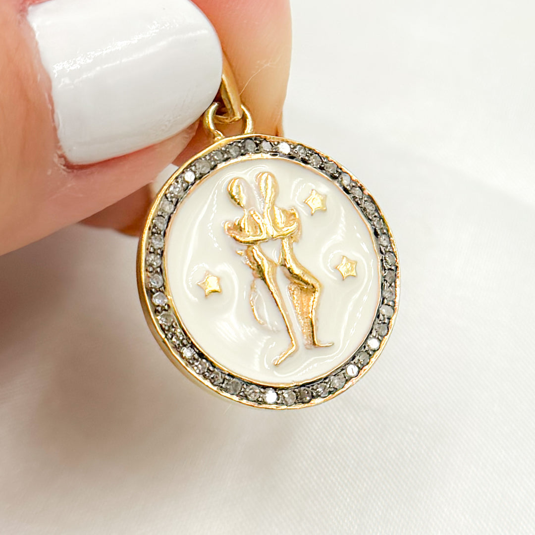 DP610A. Diamond Sterling Silver Round Gemini Zodiac Enamel Pendant