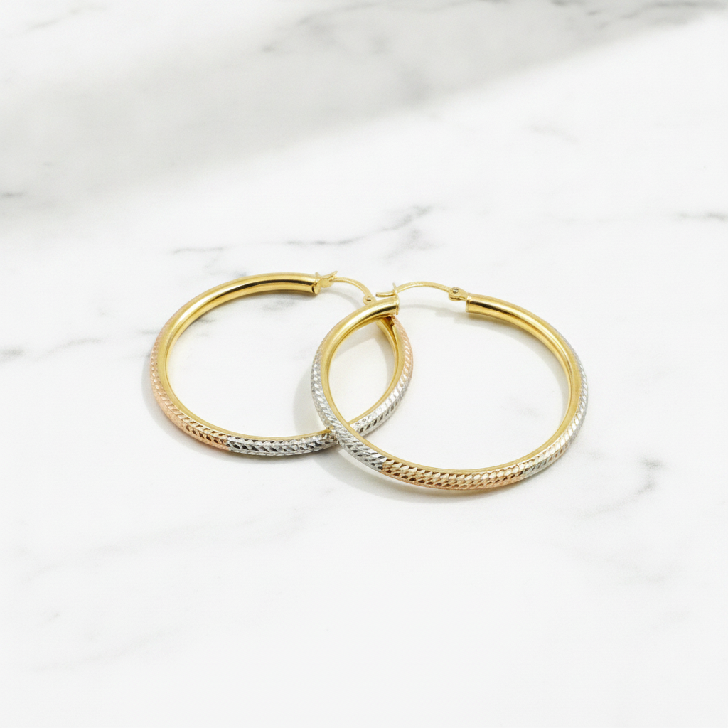 GER66. 14K Gold Tri-Color Hoop Earrings with Engraved Tornado Design