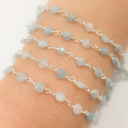 Shaded Milky Aquamarine Coin Shape Sterling Silver Wire Chain