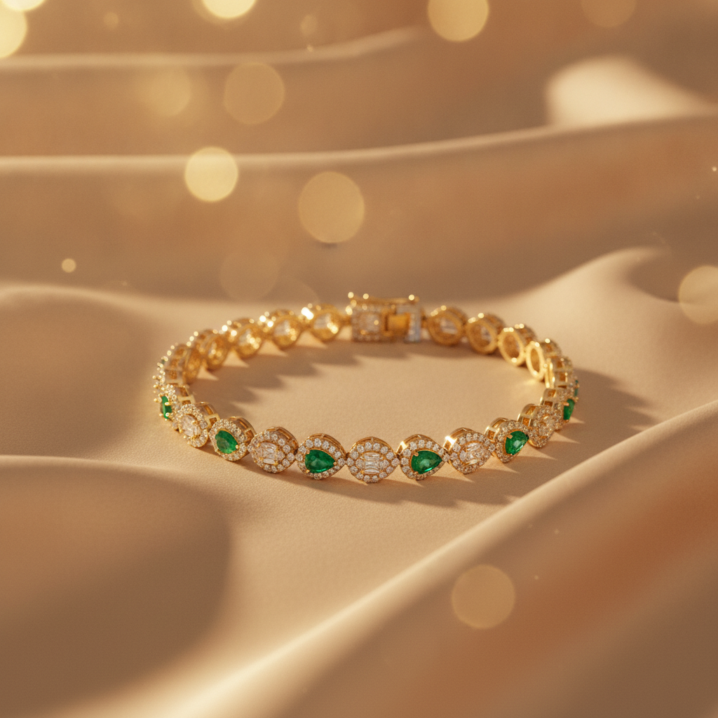 BR404121. 14K Solid Gold Diamond and Emerald Fancy Bracelet