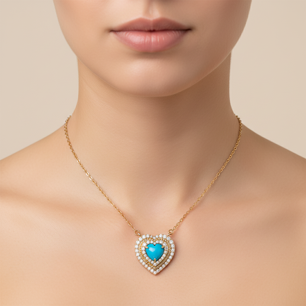 CN97293TQ6. 14K Solid Gold Diamond & Turquoise Heart Necklace