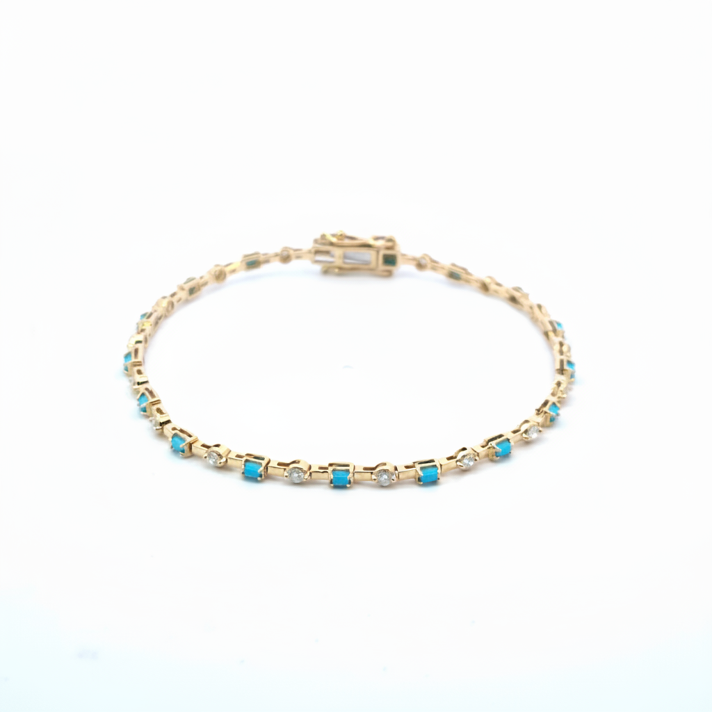BFH60606TQ. 14K Solid Gold Diamond and Turquoise Fancy Bracelet