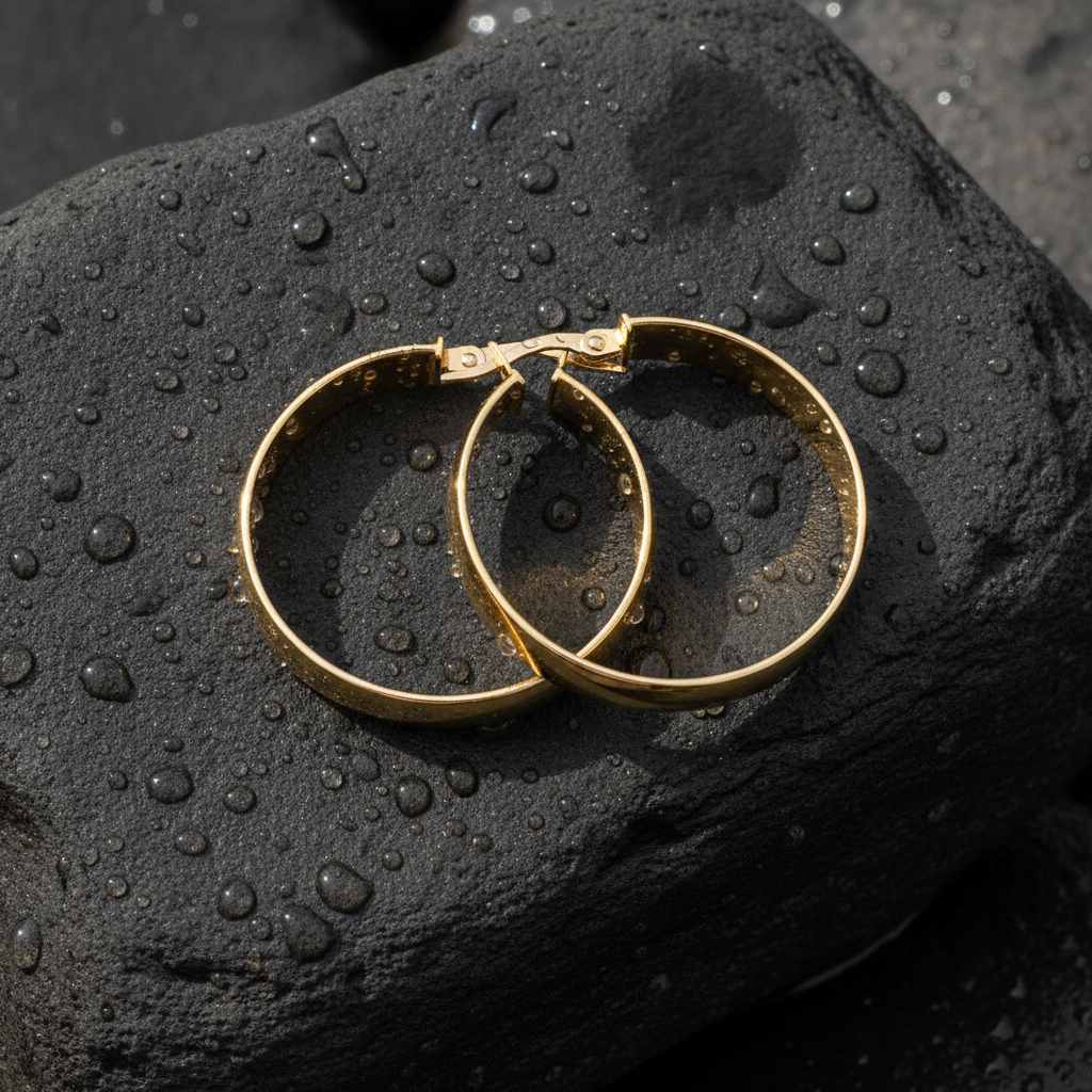 GER100. 14K Solid Gold Smooth Hollow Hoop Earrings