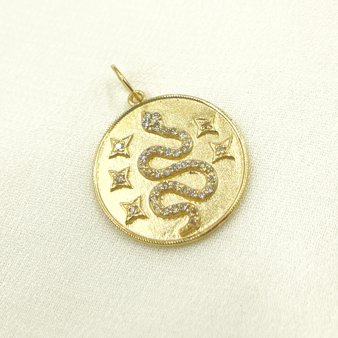 14K Solid Gold Diamond Circle Charm with Snake and Stars in the Center. GDP163