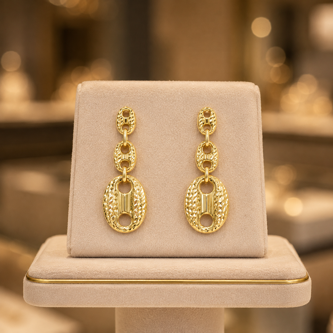 GER86. 14K Solid Gold Puffed Mariner Diamond Cut Link Earrings