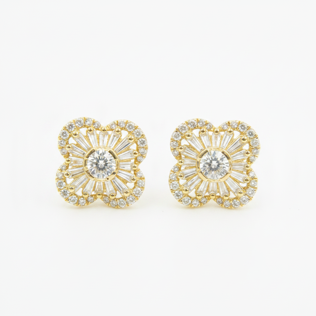 EFI51229. 14k Solid Yellow Gold Diamond Flower Studs