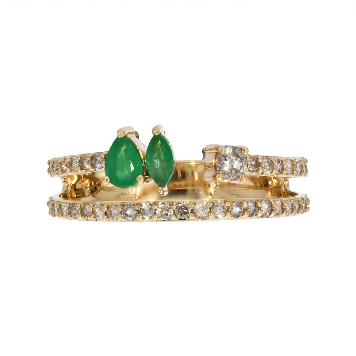 14k Solid Gold Diamond and Emerald Spiral Ring.